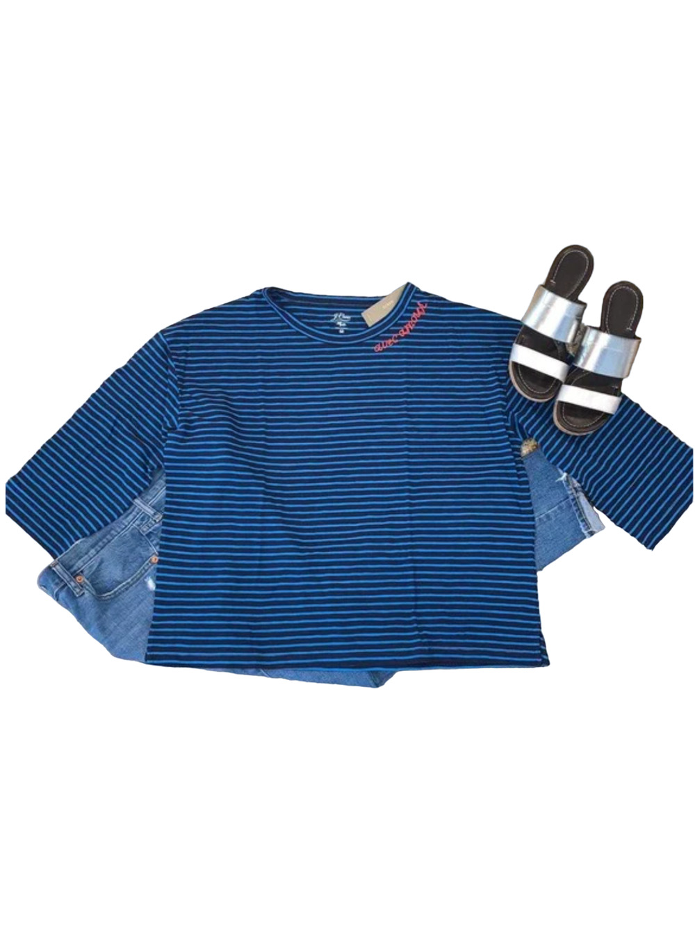 NWT J. Crew Blue Stripe W/ Embroidered "Avec Amour" T-shirt - SIZE S